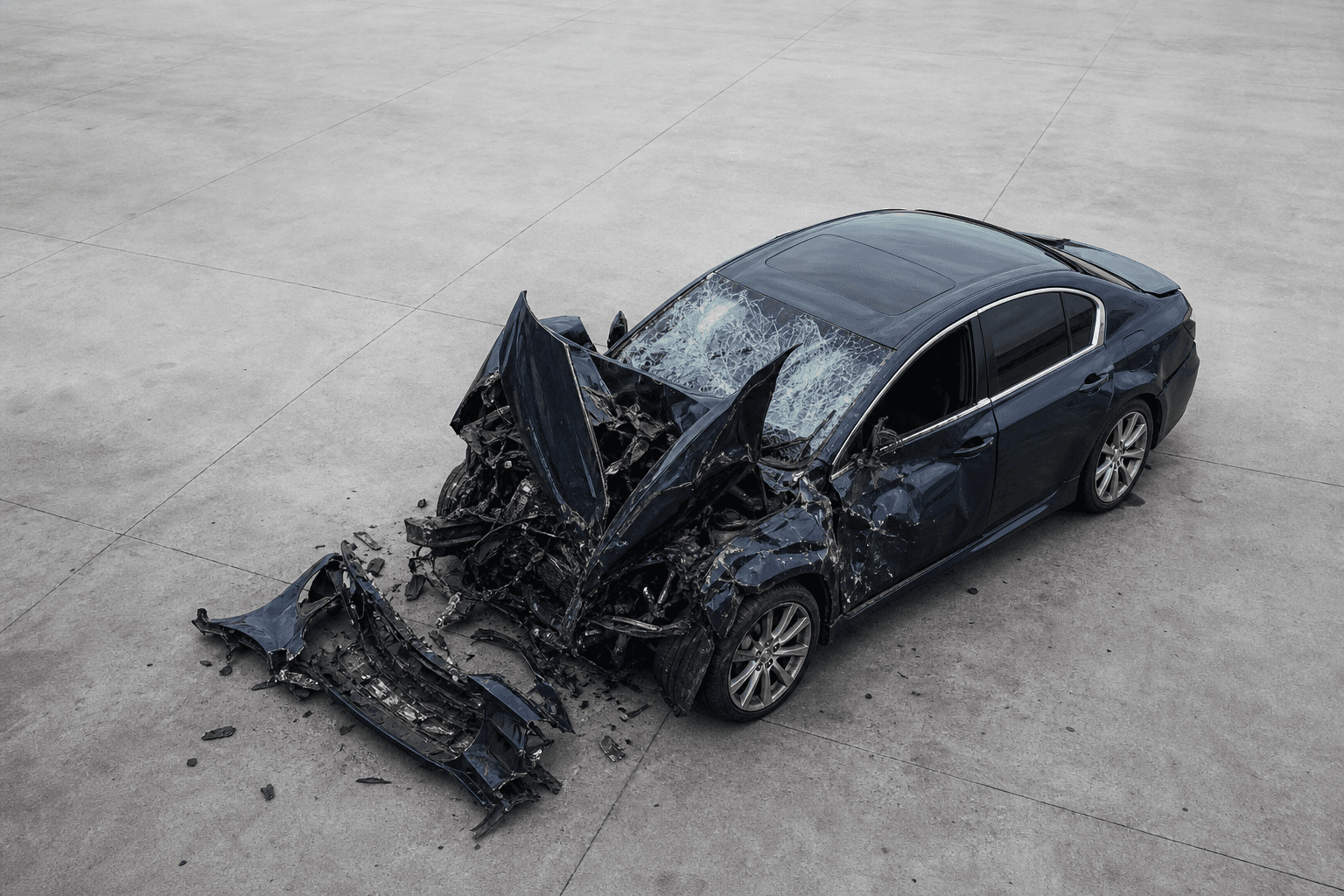 Overhead view of a severely-damaged total-loss luxury sedan in a clean industrial lot, illustrating the kind of vehicle our valuations cover.